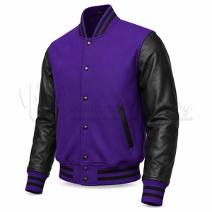 Chaqueta Varsity Personalizada de Lana y Cuero Morado y Negro para Hombre, Chaqueta de Béisbol con Letras Bordadas OEM, Fabricante al por Mayor - Product Image 3
