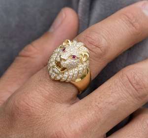 Anillo de Hombre con Cabeza de León 3D, Anillo de Hip Hop con Diamante de Corte Redondo Moissanite, Plata 925 Original con Baño de Oro, Regalo para Amigos - Product Image 3