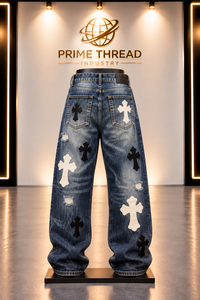 Custom Vintage Washed Baggy <b>Jeans</b> <b>Men</b> Cross Applique Distressed Wide Leg Denim Pants Y2K Streetwear Trousers Unisex Denim Pants - Product Image 2
