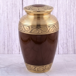 <b>Red</b> Gold Leaf Pattern Hand Carved American Style Brass Adult Cremation Urn Glossy Finish for Human Ashes Funeral Memorial Burial - Product Image 3