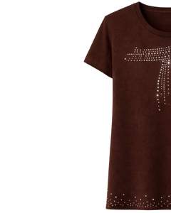 T-shirt en coton marron personnalisé pour femme avec strass et pompons, manches courtes, col rond, haut décontracté et tendance pour femme, vente en gros sur mesure - Product Image 3