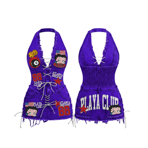 Body camisole violet à col licou sans manches avec empiècements et laçage frontal, style Y2K, pour femme, coupe ajustée, en Spandex/Polyester, idéal pour l'été - Product Image 1