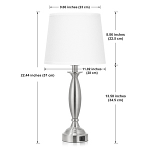 Elegant design Brushed Silver <b>Table</b> Lamp Set of 2 Modern <b>Bedside</b> Nightstand Light <b>USB</b> Charging Port White Fabric Shade Bedroom - Product Image 1