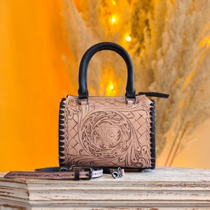 2026 New Design Luxury Sport Weekender Hand Tooled Florals Carved 100% Genuine Leather Water Proof Travel <b>Mini</b> Speedy Duffle Bag - Product Image 2