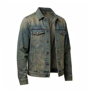 Vintage Acid Wash <b>Trucker</b> Denim <b>Jacket</b> Men Heavyweight Cotton Workwear Outerwear Turn-Down Collar Regular Fit Mens Brown Canvas - Product Image 4