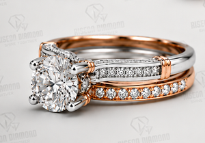 Two Tone <b>Gold</b> Round Cut Diamond Engagement <b>Ring</b> and Matching Pave Band Luxury Bridal <b>Set</b> 14K White Rose <b>Gold</b> Wedding <b>Rings</b> - Product Image 6