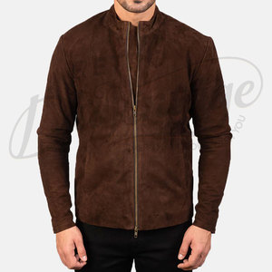 Chaqueta de Cuero de Gamuza Marrón Premium para Hombre, Corte Ajustado, Cuello Alto Minimalista, Cierre de Cremallera, Estilo Bomber, Ligera y Moderna - Product Image 4