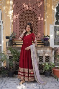 Elegant Blooming Silk <b>Flared</b> Gown Zari <b>Sequin</b> Design Fancy Trim Veil Round Neck Stitched Women Traditional Attire Set - Product Image 5