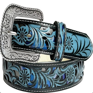 Cinturón de herramientas de cuero occidental de grano completo Premium colorido para hombres y mujeres cinturón de vaquero con hebilla antigua grabada floral de diseñador - Product Image 2