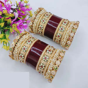Elegant Bridal <b>Bangles</b> & Bracelets <b>Set</b> Pota Stone & Pearls Acrylic Premium Designer Jewelry - Product Image 1