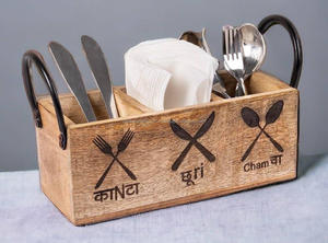 High on Demand Wooden Cutlery Table Flatware Wood <b>Utensil</b> Organizer <b>Kitchen</b> Wooden With Metal Handle Condiment Caddy With Handle - Product Image 2