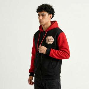 Sudadera con capucha unisex roja y negra con mangas raglán, cierre de cremallera, forro polar, bolsillo frontal con logo, estilo casual para otoño, hecha en Bangladesh. - Product Image 4