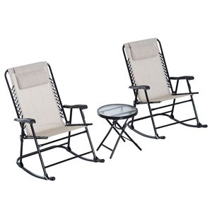 Set Bistrot a Dondolo in 3 Pezzi Bianco Crema con Sedie Pieghevoli in Ferro e Tavolino in Vetro per Uso Esterno in Giardino, Patio o Terrazza - Product Image 1