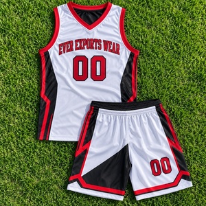 Tenue de basketball personnalisée blanche, rouge et noire – Ensemble maillot et short de basketball avec panneau angulaire et col en V – Vêtements de sport en gros - Product Image 1