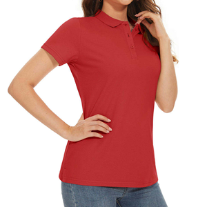 Polo à manches courtes pour femme, couleur unie rouge, décontracté, en coton Oxford, tissé uni teint - Product Image 4
