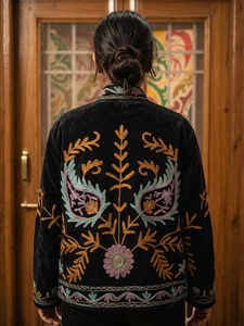 Blouson bomber en velours noir brodé Suzani, épais, écologique, respirant, 100% coton, col montant, manches longues, vêtement décontracté - Product Image 4