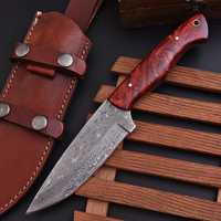 Couteau de chasse à pointe tombante en acier Damas forgé à la main, manche en bois, étui en cuir, qualité industrielle, OEM, pour survie en extérieur