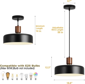 Lampe suspendue noire moderne, lampe suspendue nordique, lampe de plafond en bois, lampe suspendue industrielle en métal - Product Image 5