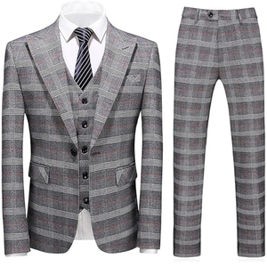 Men British Style 3 Piece <b>Suit</b> Wool Polyester Plaid Business Formal Wear Anti-Wrinkle Single Breasted Notched Collar - Product Image 1