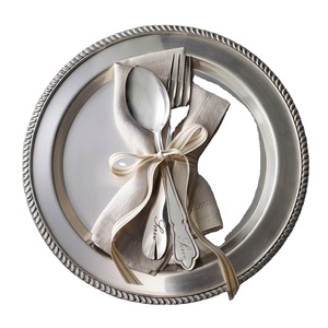 Elegant Stainless Steel Silver Charger Plate Hammered Rim <b>Dinner</b> Plate Metal Serving <b>Tray</b> for Hotel Restaurant Tableware Decor - Product Image 1