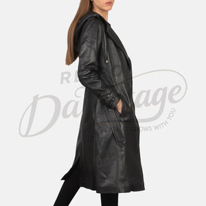 Manteau long en cuir véritable noir pour femme, avec capuche, ceinture, en peau de mouton, coupe ajustée, élégant, parka en cuir - Product Image 5