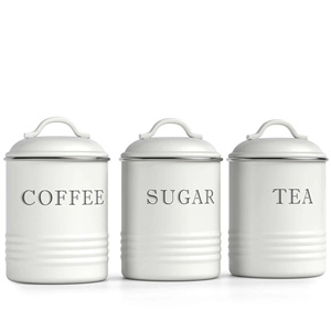 Cream Square Metal Hammered Design <b>Stackable</b> <b>Storage</b> <b>Containers</b> Lid Tea Coffee Sugar Labels Retro Kitchen Canisters Handle White - Product Image 5