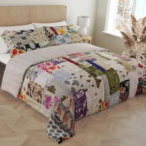 Indian Vintage Patchwork Kantha <b>Bed</b> Cover Handmade Patola Silk Cotton Filled All-Season Bohemian Bedding <b>Throw</b> From Rajasthan - Product Image 1