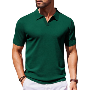 Chemise décontractée pour homme en coton tricoté noir à manches courtes, respirante, avec logo brodé sur le devant, col et poignets blancs - Product Image 4