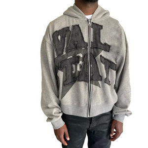 Sudadera con capucha y cremallera para hombre, estilo vintage, oversize, de felpa, con lavado ácido, efecto desgastado y parches, talla grande - Product Image 1