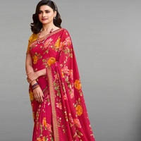 Sari Tradicional Indio para Bodas, Sari de Poliéster con Estampado Floral para Mujer, Rojo con Borde Dorado, Largo hasta el Suelo, para Fiestas