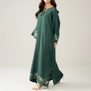 Elegante Vestido Maxi Verde con Bordado, Mangas Acampanadas, Cuello Redondo, Corte Holgado y Discreto, Vestido de Gasa Estilo Imperio para Todas las Temporadas - Product Image 3