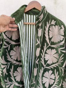 <b>Green</b> <b>Velvet</b> Reversible Embroidered Floral Pattern Women's Boho Ethnic Jacket Wholesale Supplier - Product Image 2