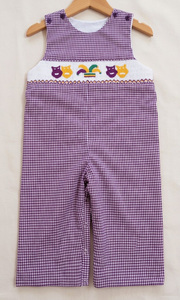Mardi Gras Mask hand smocked Pinafore Dress, <b>Purple</b> Gingham Ruffle Trim Toddler Party Dress with Sash <b>Ties</b> - Product Image 4