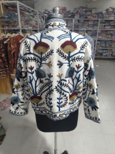 Beige Embroidered Velvet Women's Jacket Regular Winter Coat Handmade Woven Cotton Boho Stripe Linen Lining - Product Image 6