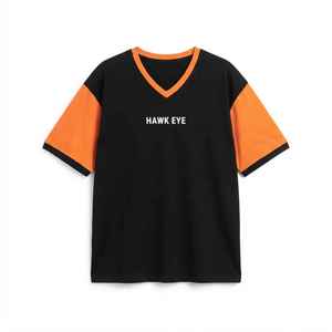 T-shirt décontracté en coton à col en V et manches courtes pour femme, coupe ample, coloris noir et orange, motif œil de faucon - Product Image 6
