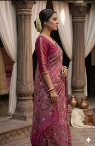 Sari de seda pura Bishnupuri con estampado tradicional para mujer, color rosa paisley, para usar en bodas y fiestas. - Product Image 3