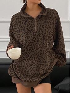 Pull oversize pour femme à imprimé léopard, col en V, manches chauve-souris, tricoté, respirant, coupe régulière, pour l'automne - Product Image 4