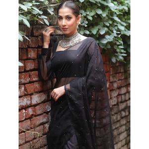 ESPEJO DE ORGANZA DE MODA TRABAJO CON LATKAN SAREE CON BLUSA SIN COSTAR NEGRO - Product Image 3
