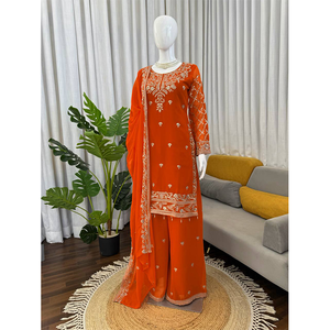 Vêtements de style indien en gros, meilleurs vêtements de fête, en pur faux georgette, avec travail de sequins et broderies à la main, ensemble sharara à vendre. - Product Image 1