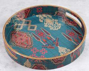 ถาดเสิร์ฟทรงกลมลายดอกไม้หรูหรา ขอบลายฉลุสีทอง ถาดอาหารและชาสำหรับตกแต่งบ้าน โรงแรม และของขวัญ - Product Image 4