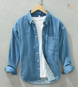 Camisa de Mezclilla para Hombre, Manga Larga, Cuello con Botones, Color Sólido, Casual, Transpirable, Corte Regular, Diseño con Bolsillos - Product Image 1