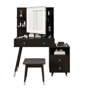 Solid Wood <b>Makeup</b> Vanities 4 Drawers 2 Layer Shelf <b>Mirror</b> Cabinet-Pitted Particle Board Melamine Paste Copper Sheath Decoration - Product Image 3