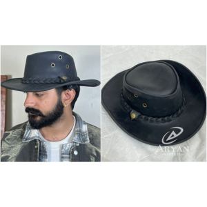 Chapeau de cowboy western en cuir véritable de qualité supérieure, à large bord, vintage, noir vieilli, pour l'extérieur, le ranch, les festivals, pour hommes et femmes - Product Image 1