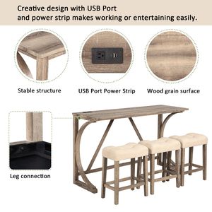 Set di Mobili da Bar in 4 Pezzi con Presa di Corrente, Tavolo da Pranzo e 3 Sgabelli Imbottiti per Uso in Soggiorno - Product Image 5