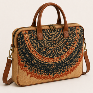Sac fourre-tout de plage et pour ordinateur portable en jute écologique à imprimé tribal personnalisé, grand format, avec fermeture éclair et poignée d'épaule, Gujarat, pour usage quotidien - Product Image 5