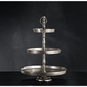Industry Trending Two Tiered Metal Serving Tray <b>Set</b> Round Rustic Design Wooden Handle Decorative Stand - Product Image 5