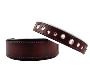 คุณภาพพิเศษ100% หนังแท้พรีเมี่ยมคุณภาพนุ่มเบาะปลอกคอสุนัขด้วยคริสตัลตกแต่งขายส่งผู้ผลิต - Product Image 1