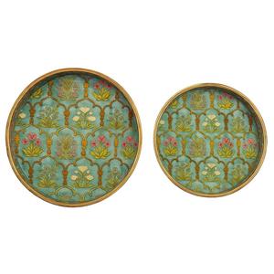 Plateaux décoratifs imprimés de motifs floraux Mughal vert-vert émeraude, plateaux de service ronds en bois de luxe emboîtables pour commande en gros - Product Image 2