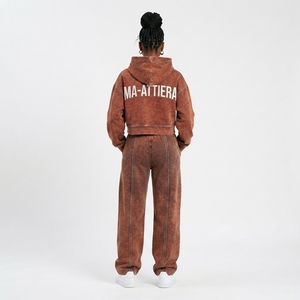 Conjunto de Sudadera Corta y Pantalones Jogger para Mujer, Lavado Ácido, Color Marrón, Algodón y Felpa, Ropa Deportiva Urbana, Venta al Por Mayor OEM - Product Image 2