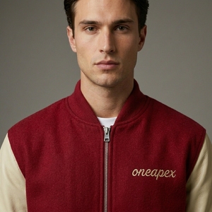 Mens Burgundy Wool <b>Jacket</b> Cream Sleeves Rib Knit Collar Cuffs Full Zip Front Premium Casual Streetwear Custom Outerwear <b>Jacket</b> - Product Image 4